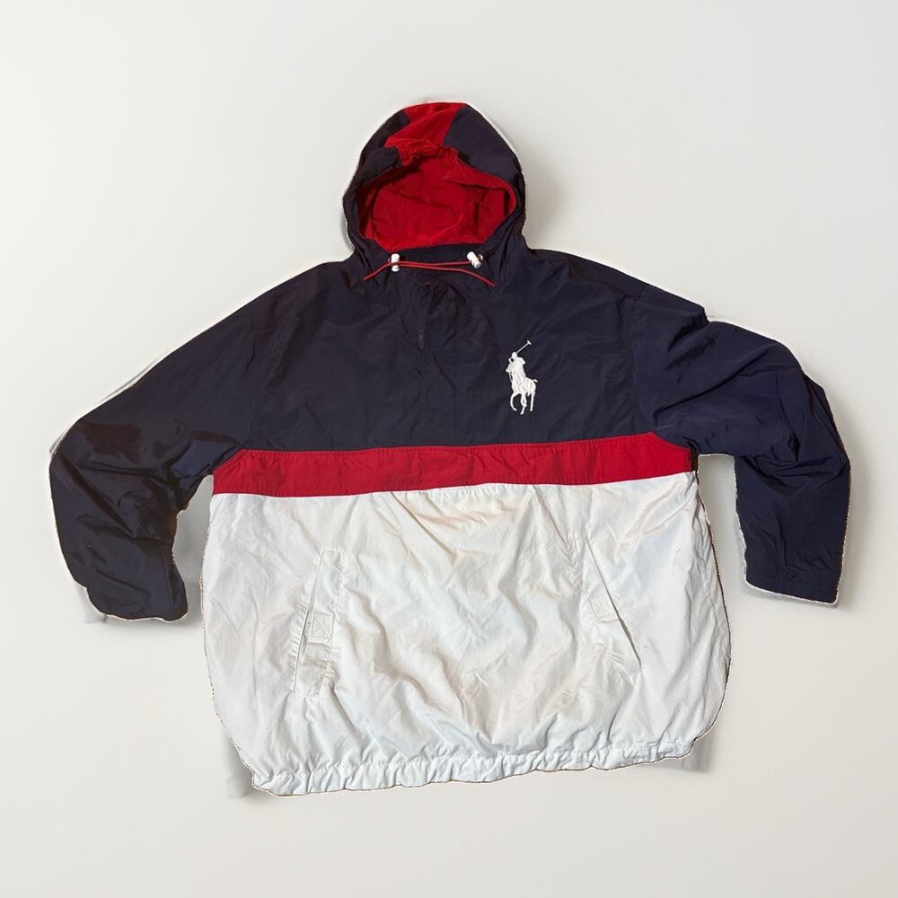 Polo Ralph Lauren Colorblock Pony Team Mens Navy&Red Hooded Jacket Logo Sz XL